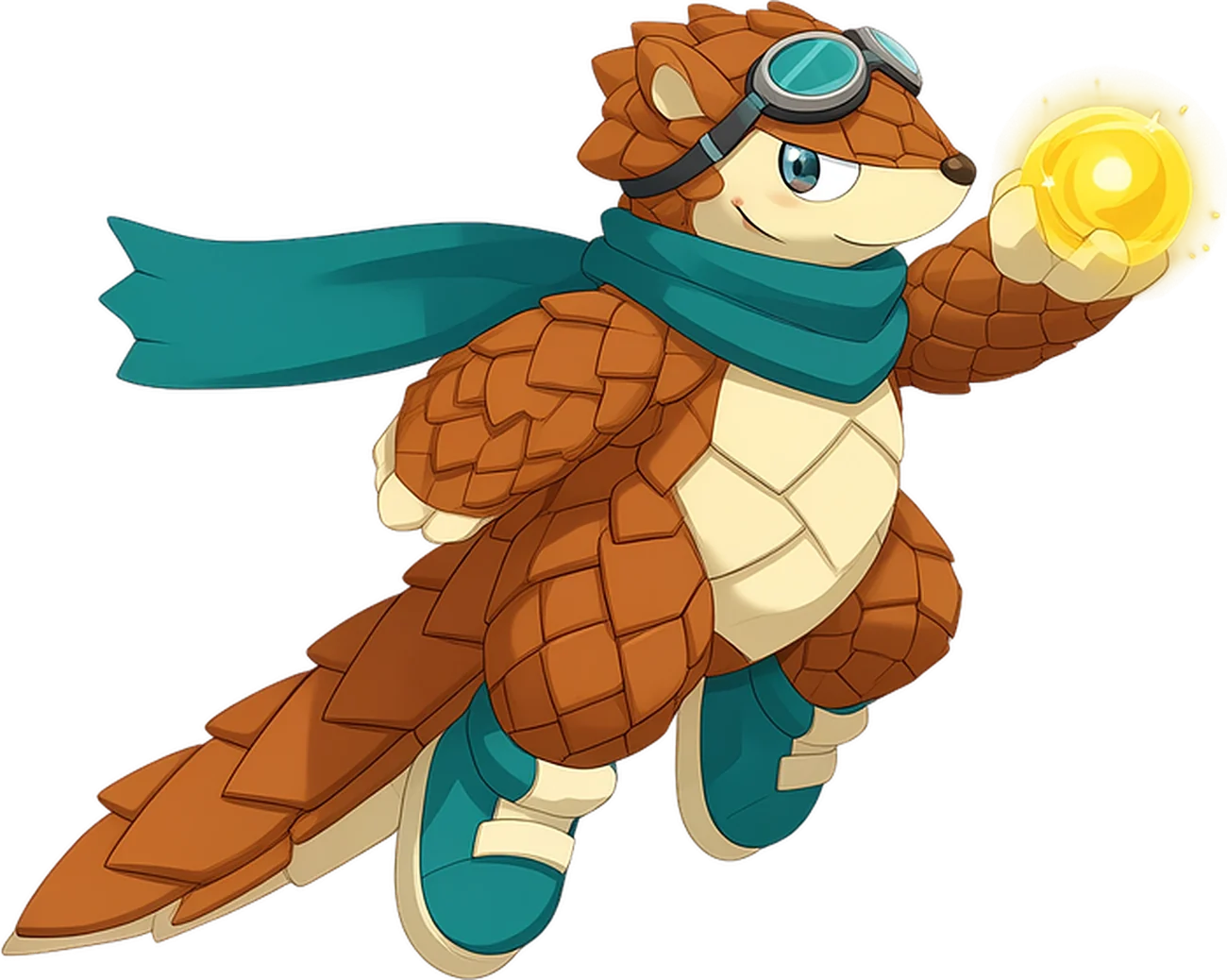 Zeph the pangolin leaping, in goggles and a teal scarf, holding a glowing orb