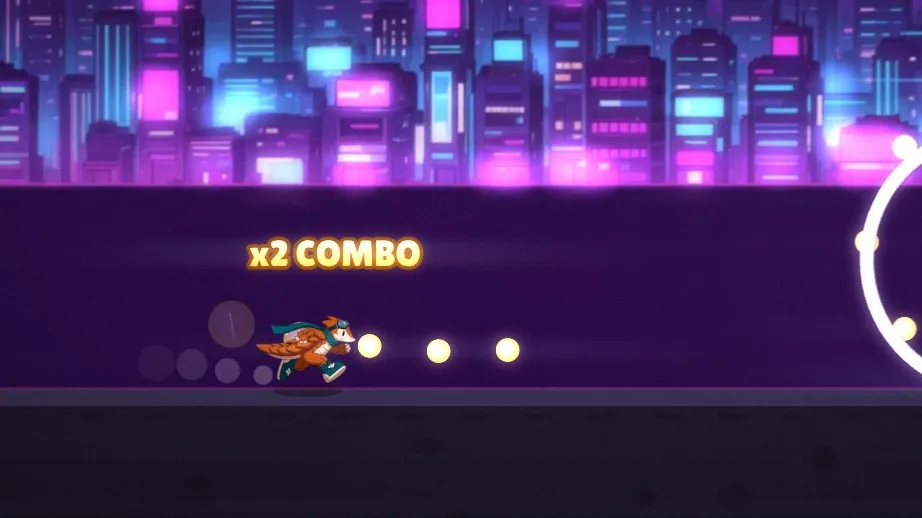 Zeph on a purple neon street, a ring of orbs ahead