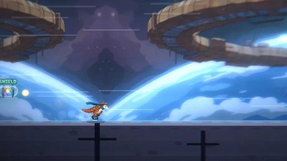 Zeph running beneath a ring-shaped space station above a blue planet